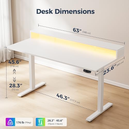 Klicelor Electric Standing Desk with Shelf, 63 Inch Height Adjustable Desk with Power Outlets & LED, Sit Stand Up Table with Monitor Stand, Computer Workstation for Home Office, White