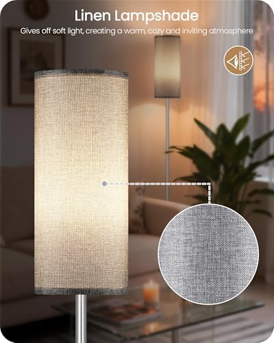 Dimmable Floor Lamps for Living Room with Remote and Foot Switch, 64.4” Modern Standing Tall Lamp, Corner Lamp for Bedroom, Office, Bulb Included, 3000K-6500K, Gray and Silver, FCC Listed SH06LD05W1