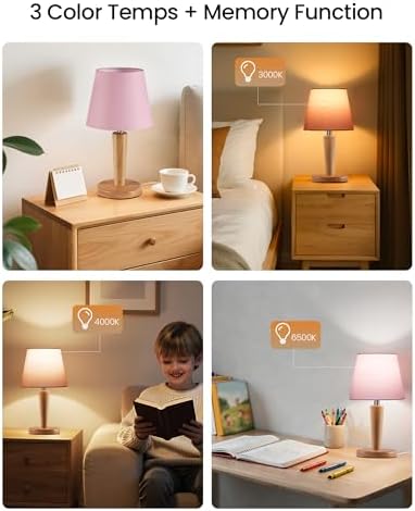 12" Wood Bedside Table Lamps Set of 2, Small Desk Lamps for Small Places, 3 Color Temperatures with Memory, Pink Linen Shade & E26 Bulbs, for Bedroom Living Room Office MP13TLP205