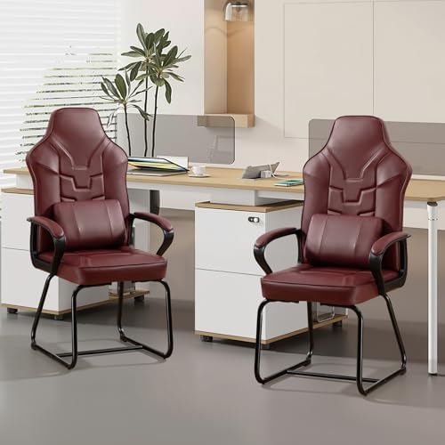 Leather Office Guest Chair No Wheels High Back Computer Reception Chairs with Padded Arms Waist Pillow for Gaming Meeting Conference Waiting Room, Red