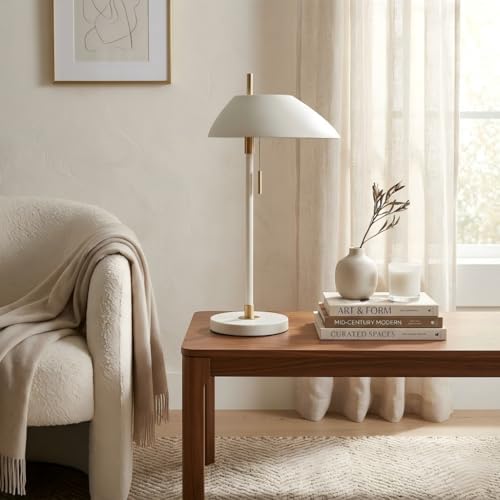 Modern Vintage White Table Lamp, Industrial Minimalist All-Metal Bedside Lamp with Pull Chain Switch, Decorative Nightstand Lamp for Bedroom, Living Room, Office, E26 Bulb Base