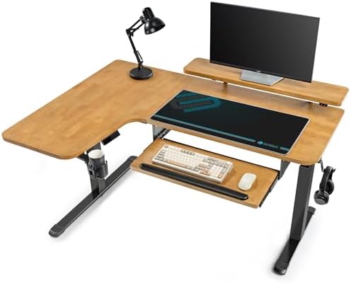 EUREKA ERGONOMIC L Shaped Standing Desk w Keyboard Tray,61" Electric Corner Standing Desk, Computer Desk w LED Monitor Stand,Dual Motor,Solid Wood,Left/Oak