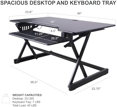 Rocelco 40" Height Adjustable Standing Desk Converter with AC Outlet USB Charger and Dual Monitor Arm Mount - Sit Stand Up Tabletop Riser - Sliding Keyboard Tray - Black (R DADRB-40-ACUSB-MA2)