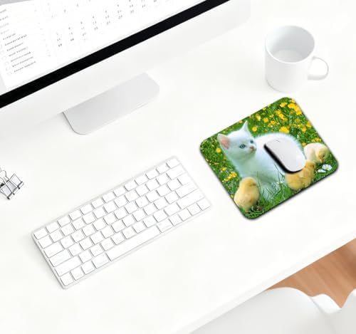 9.5x7.9 Inch Office/Gaming Mouse Pad, Lovely White Kitten and Chicks in a Blooming Meadow Adorable Pets Funny Scene Cute Anti-Slip Mat for Desk