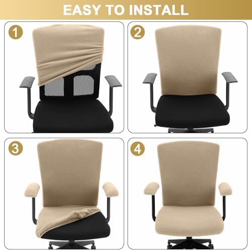 Tallew 4 Pcs Office Chair Covers Pads Set, Square High Back, Khaki, Sherpa