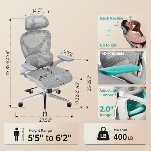CAPOT Ergonomic Office Chair 400lbs Mesh Seat, High Back Adjustable Lumbar, 90/110/125°Backrest Lock, Flip-up Armrests, 3D Headrest, Computer Desk Gaming Chair with PU Wheels - Gray
