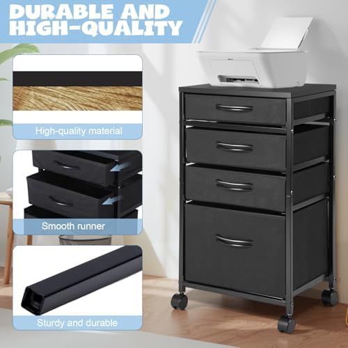 Chunful 4 Drawer Rolling File Cabinet Mobile Printer Stand Metal Cart with Fabric Vertical Filing Chest Wheels A4 Letter Size Under Desk Utility Craft Storage Organizer for Home Office School(Black)