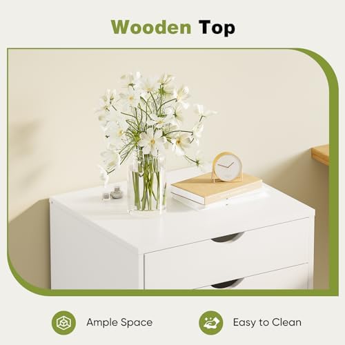 Sweetcrispy 7 Drawer Rolling Storage Cabinet, Wood Under Desk Mobile Dresser with Wheels, Small Organizer Chest for Home Office, Bedroom, Living Room, Compact Vertical Storage Furniture Unit, White