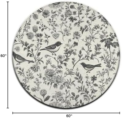 Soft Round Yoga Carpet, Large Home Decor Mat, Non Slip Machine Washable Kitchen Office Circle Rug Flower Bird Floral