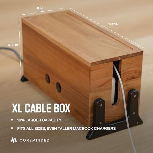 COREMINDED Extra Large Cable Management Box, Wood Cord Hider Box & Organizer for Power Strip, TV Wires & Desk Cable Storage