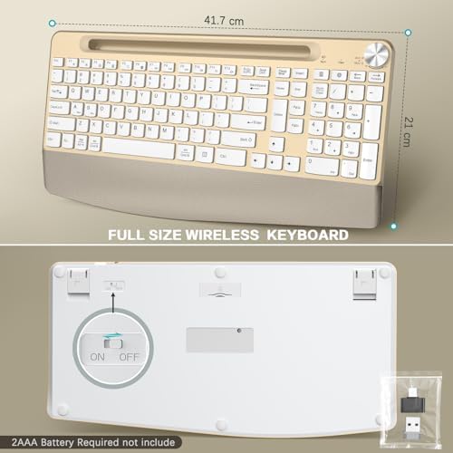 GAMCATZ Ergonomic Wireless Keyboard and Mouse with Wrist Rest，Phone Holder - 2.4GHz Full-Sized Low-Profile Quiet Gold Wireless Mouse and Keyboard Combo for Computer, Laptop, PC, Mac-Gold