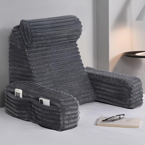 ENITYA 19" Large Back Pillow for Bed Sitting Up with Armrests & Big Pockets