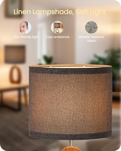 Gray Table Lamp, Small Wood Bedside Lamp with Gray Linen Lampshade & Dark Pearwood Base, Modern Nightstand Lamp for Bedroom, Kid's Room, Cute Desk Lamp with Cable, E26 Socket, LH07TL05
