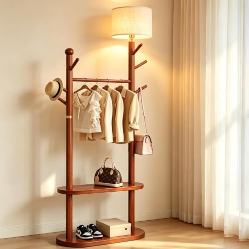 Wood Coat Rack Floor Lamp, Standing Lamp with Double Storage Shelves