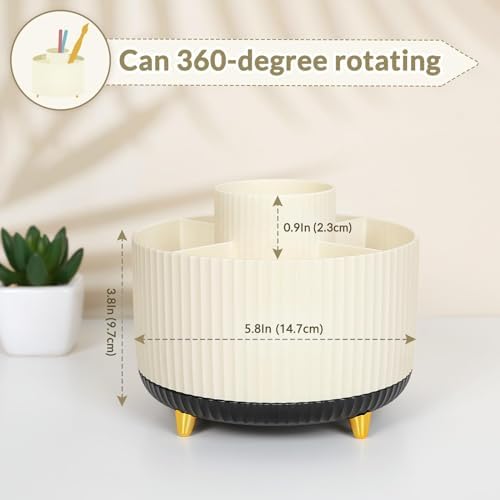 SKYDUE 360 Rotating Organizer, Dual-Purpose Pencil Pen Holder, 5-Slot Rotating Pencil Cup for Office, School, Home (Beige-Black)