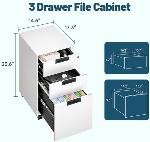 MIIIKO 3 Drawer Filing Cabinet with Lock, Metal Vertical File Cabinets for Home Office, Full Assembled File Cabinets Under Desk, Letter/Legal/A4 File Folders Storage