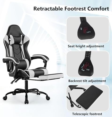 Big and Tall Gaming Chair with Footrest, Ergonomic Computer Desk Chair with Lumbar Support & Headrest, High Back PU Leather Gaming Office Chair, Reclining Swivel Task Chair for Office or Gaming