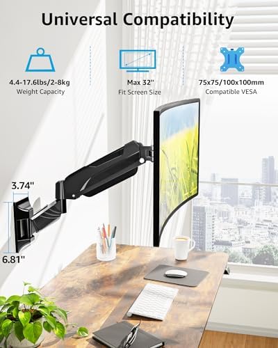 MOUNTUP Monitor Wall Mount for 17-32 Inch Computer Screen, Wall Mounted Arm Support 4.4-17.6lbs Display, Computer Monitor Arm, VESA Bracket for VESA 75x75mm and 100x100mm, Black
