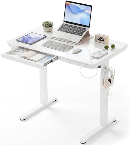 INNOVAR 35" Small Glass Standing Desk with Drawers & USB Ports, Whole-Piece Glass Top Adjustable Height Desks, Quick-Install Electric Sit-Stand Up Desk for Home Office & Computer Workstation, White