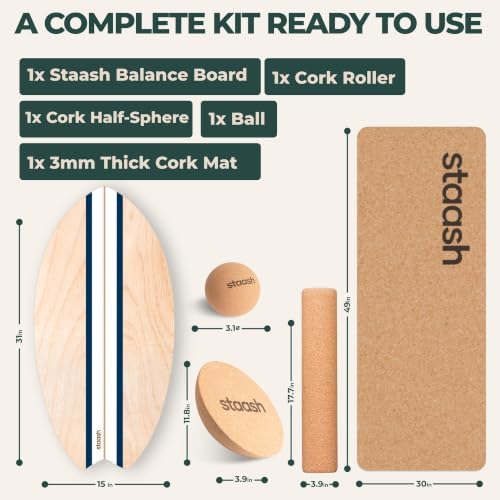 STAASH® Balance Board Full Kit – Premium Birch Wood Trainer with Cork Roller, Balance Disc, Massage Ball & Anti-Slip Mat – Core Strength, Surf, Snowboard & Rehab Training – All-In-One Set