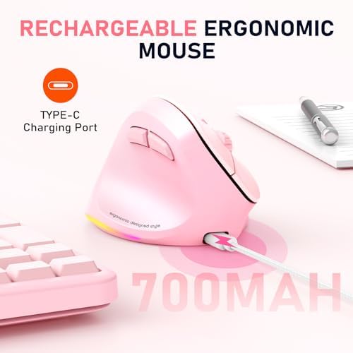 MEETION Left-Handed Wireless Ergonomic Vertical Mouse, Rechargeable - Pink