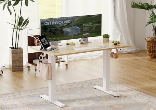 Seang Electric Standing Desk Adjustable Height, 48 x 24 Inch Sit Stand Desk with T-Shaped Frame, 3 Memory Presets & Cable Management for Home Office Computer Workstation, White Frame/Nature Top
