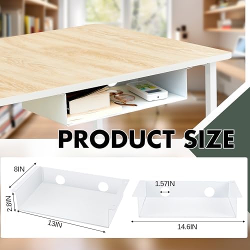 Yaocom 2 Pack 13 Inch Under Desk Hanging Shelf, Carbon Steel Storage Tray with Mute Felt Sheets, Mount Shelves Organizer for Office Home Workstation Gaming Stand Up(13x8x2.8 in/Storage Shelf, White)