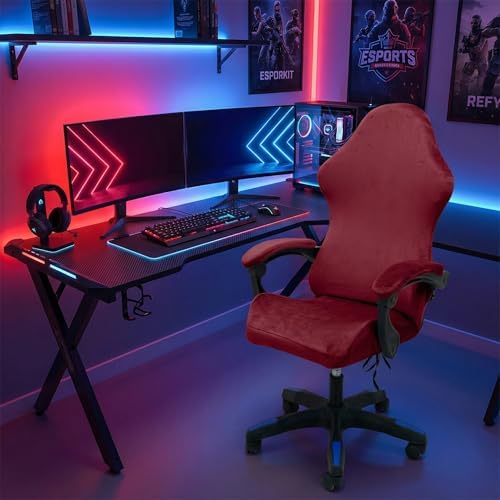 Gaming Chair Cover Set with Armrest Covers, Velvet Stretch Slipcover 1-Piece Form Fit Cover & Chair Armres Covers Included（no Chair） (Claret)