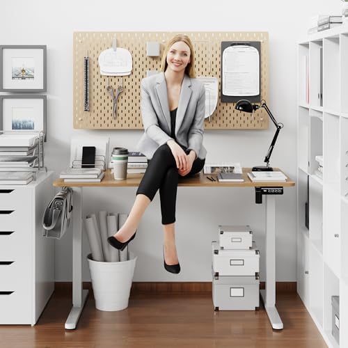 Shintenchi Standing Desk, Height Adjustable Electric Sit Stand up Desk, Ergonomic Rising Computer Table, 48x24 Inch Modern Lift Gaming Desk Workstation for Home Office, White & Walnut