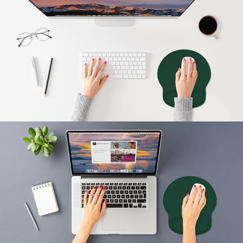 ITNRSIIET Ergonomic Mouse Pad with Wider Memory Foam Wrist Rest +17% - Curved Cushion Reduces Pressure 20%, Pain Relief, Non-Slip, Smooth, Cute Colors, 9.85 x 9 in, Deep Green