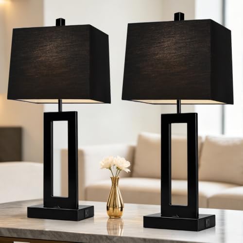 Cinkeda Black Bedside Table Lamp Set of 2, Nightstand Lamps with USB Ports