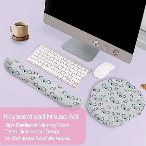 Cute Koala Eucalyptus Leaf Keyboard Wrist Rest Pad Mouse Pad Set,Ergonomic Mousepad Wrist Support Memory Foam Desk Pad for Gaming Office,Non-Slip Rubber Base Easy Typing for Home Office Computers