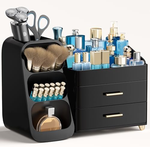 HBlife Cologne Organizer for Men Makeup Organizer with Brush Holder for Vanity, Large Plastic Bathroom Countertop Organizer Skin Care Storage, Fathers Day Gift for Dad Husband, All Black