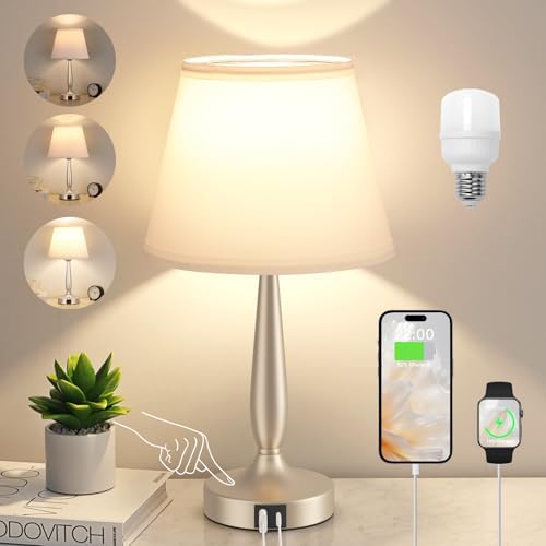 Kakanuo Touch Table Lamp for Bedroom, Small Bedside Lamp with USB C Charging Port, 3 Way Dimmable Touch Control Nightstand Lamp for Living Room, White Shade and Champagne Gold Base