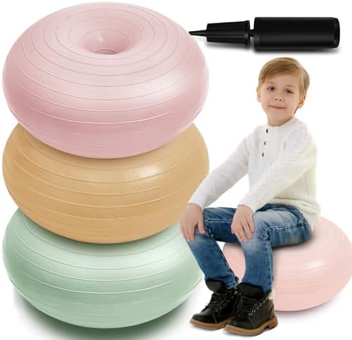 Lewtemi 1/2/3 Pcs Flexible Seating for Classroom Elementary 20 Inch Yoga Ball Chair for Kids Wobble Chair for Sensory Kids Large Donut Ball Seats with Inflator for School Office