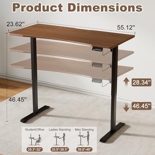 Solid Wood Electric Standing Desk, 55"x23.6" Walnut Standing Desk