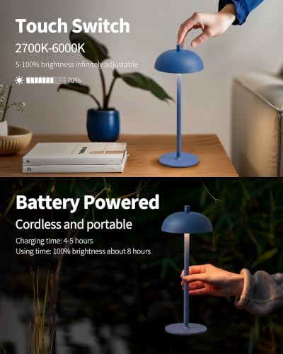 12" Cordless Table Lamps Set of 2, Blue Modern Portable Desk Lamp