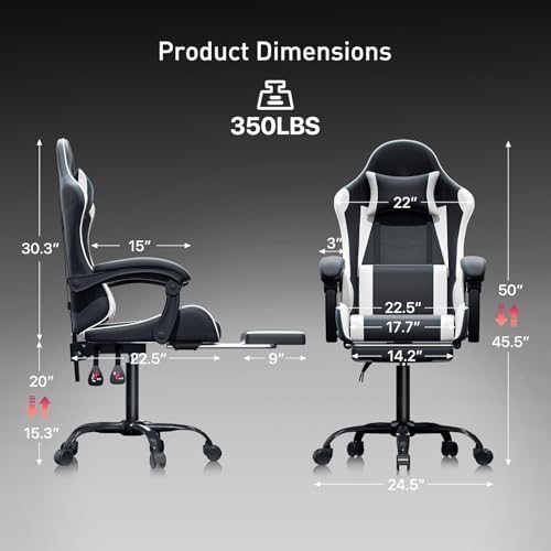 MoNiBloom Gaming Chair, Footrest & Lumbar Support, Height Adjust, White