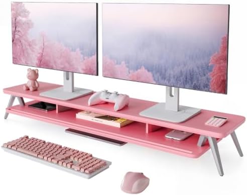 Fenge Dual Monitor Stand Riser, Wooden Desk Shelf with 2-Tier Storage