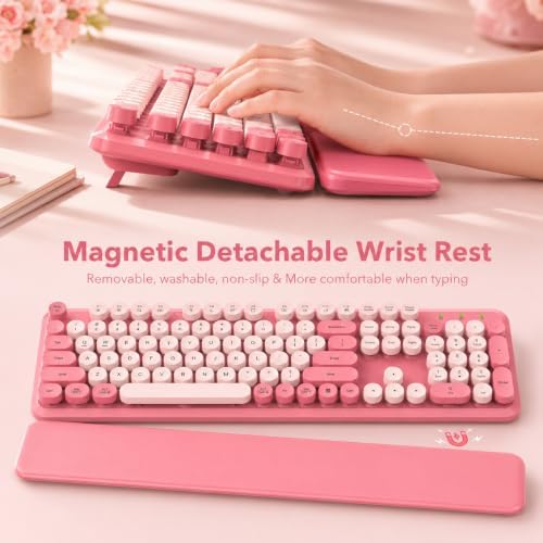 Wireless Keyboard and Mouse Combo, Round Keycaps, Magnetic Wrist Rest, Pink