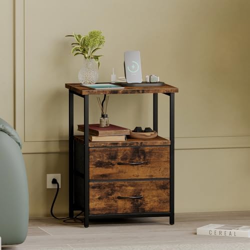 Fixwal Night Stand with Charging Station, 2 Fabric Drawers, Rustic Brown
