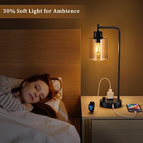 Industrial Bedside Desk Lamps for Bedroom - Grey Smoked Glass Shade Table Lamp with USB C Port, Fully Dimmable Small Lamps with USB Port and Outlet, Reading Nightstand Lamps for Office Living Room