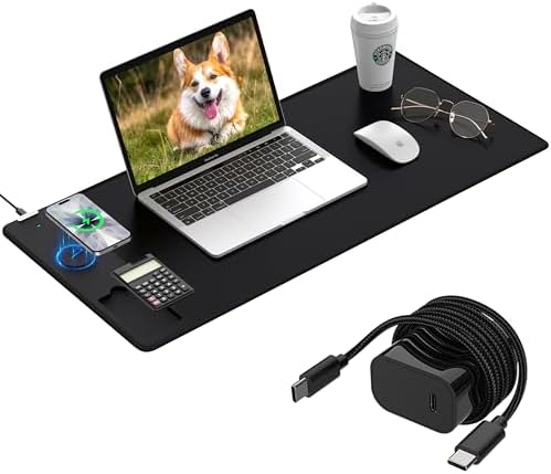 Mouse Pad 31.5x15.75 Inch with Calculator, 15W Magnetic Wireless Charging Desk Mat, XXL Desk Pad, Home Office Large Keyboard Pad with Ultra-Smooth Surface, Non-Slip Base (Black with 20W PD Charger)