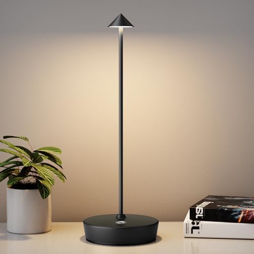 Rechargeable Cordless Table Lamp, Portable Powered LED Battery 6000mAh Metal USB Desk Lamp, 3 Levels Brightness Light for Restaurants Outdoor (Black)