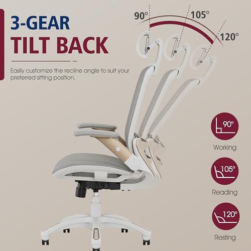 GABRYLLY Ergonomic Office Chair, High Back Home Desk Chair with 2D Flip-Up Arms, 3D Headrest, 90-120° Tilt and Wide Cushion, Big and Tall Mesh Chairs for Man Woman, White Computer Task Chair