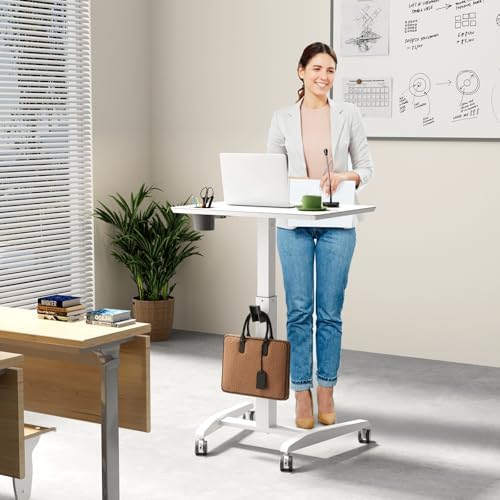 Gibbon Mounts Glass Mobile Rolling Standing Desk on Lockable Wheels, White