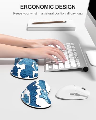 Auhoahsil Large Mouse Pad with Wrist Rests for Keyboard & Mouse, Thick Soft Ergonomic Memory Foam Wrist Supports, Big & Long Desk Mat 35.5 x 15.7 in, for Office Gaming Computer, Blue Wave