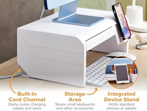 Bostitch Konnect Adjustable Monitor Riser with Drawer & Cell Phone Holder, Laptop Stand for Desk, 4 Height Levels, Cable Management & Rubber Feet