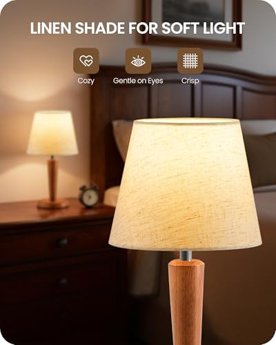 12" Wood Bedside Table Lamps Set of 2, Small Desk Lamps for Small Places, 3 Color Temperatures with Memory, Beige Linen Shade & E26 Bulbs, for Bedroom Living Room Office LE13TLP205
