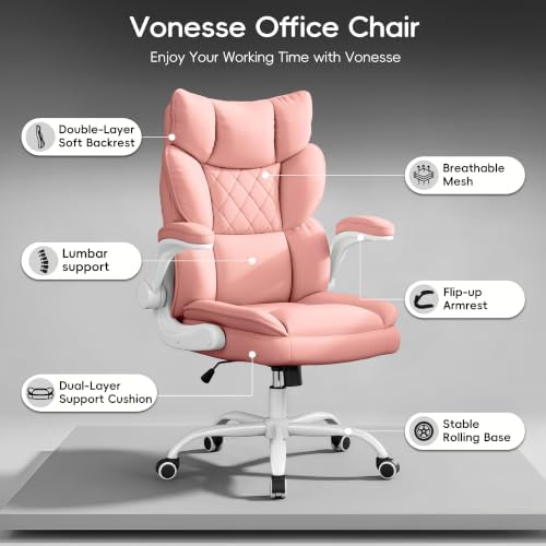 Vonesse Office Chair, Desk Chair with Flip-up Armrests, Gaming Chair with Double-Layered Soft Backrest,PU Leather Computer Executive Chair with Breathable Seat Cushion (Pink)
